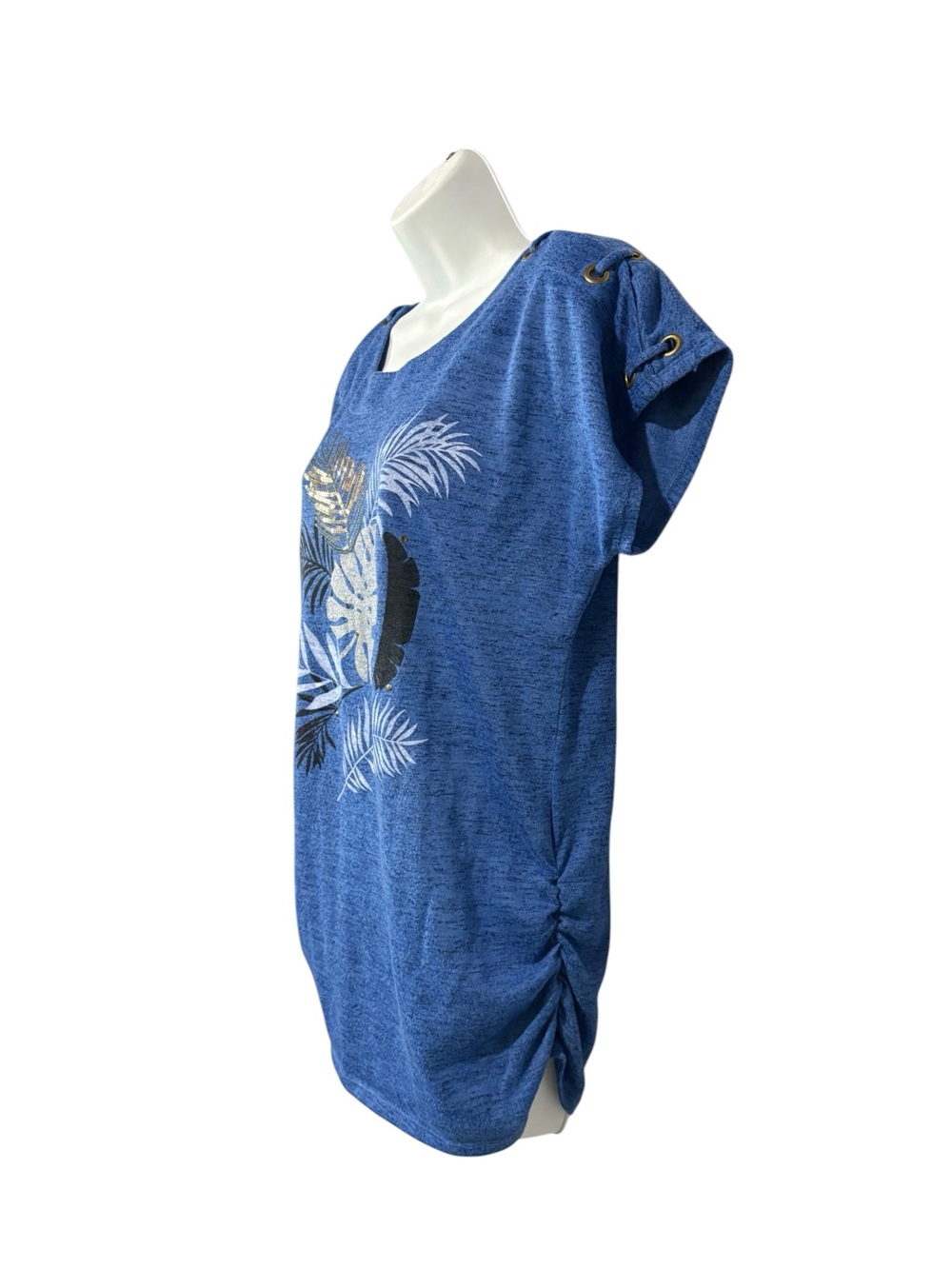 Lily Morgan, Blue Tropical Leaf Sequin Top Grommet Shoulder Stretch, Medium - Picture 6 of 9